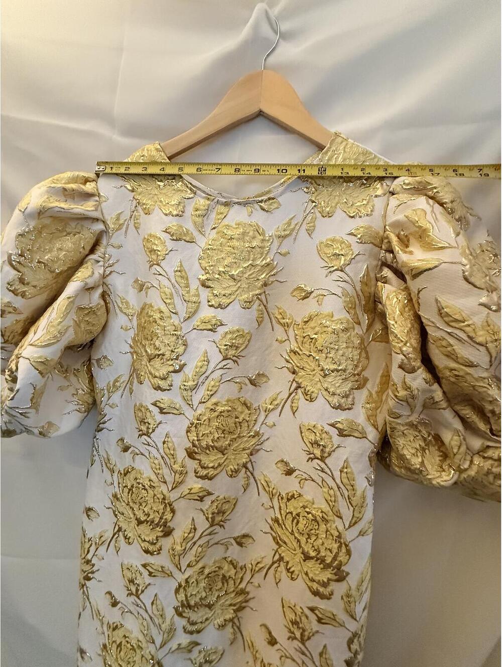 Vintage 1980s Metallic Gold Floral Brocade Puff Sleeve Dress with Flounce Hem - Picture 7 of 9